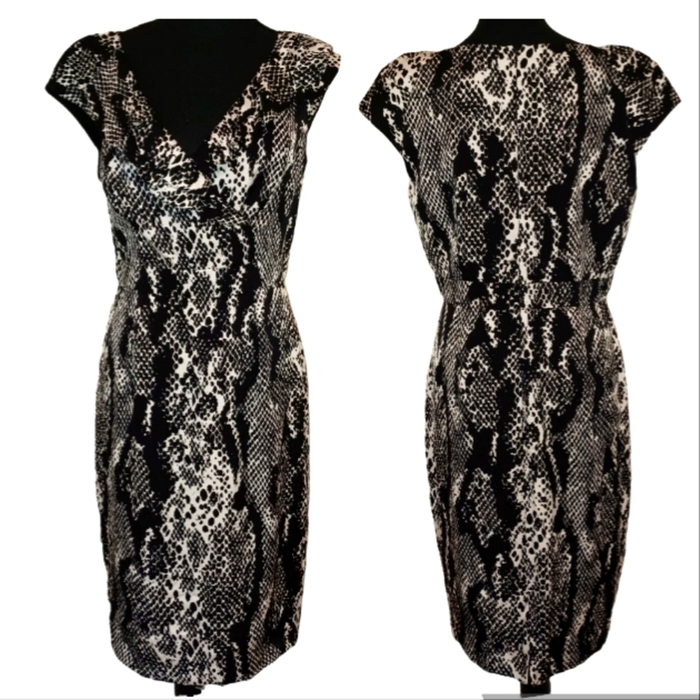 Kay Unger Stretch Silk Sheath Dress Women's Size 10 Reptile Print Bkack Cream